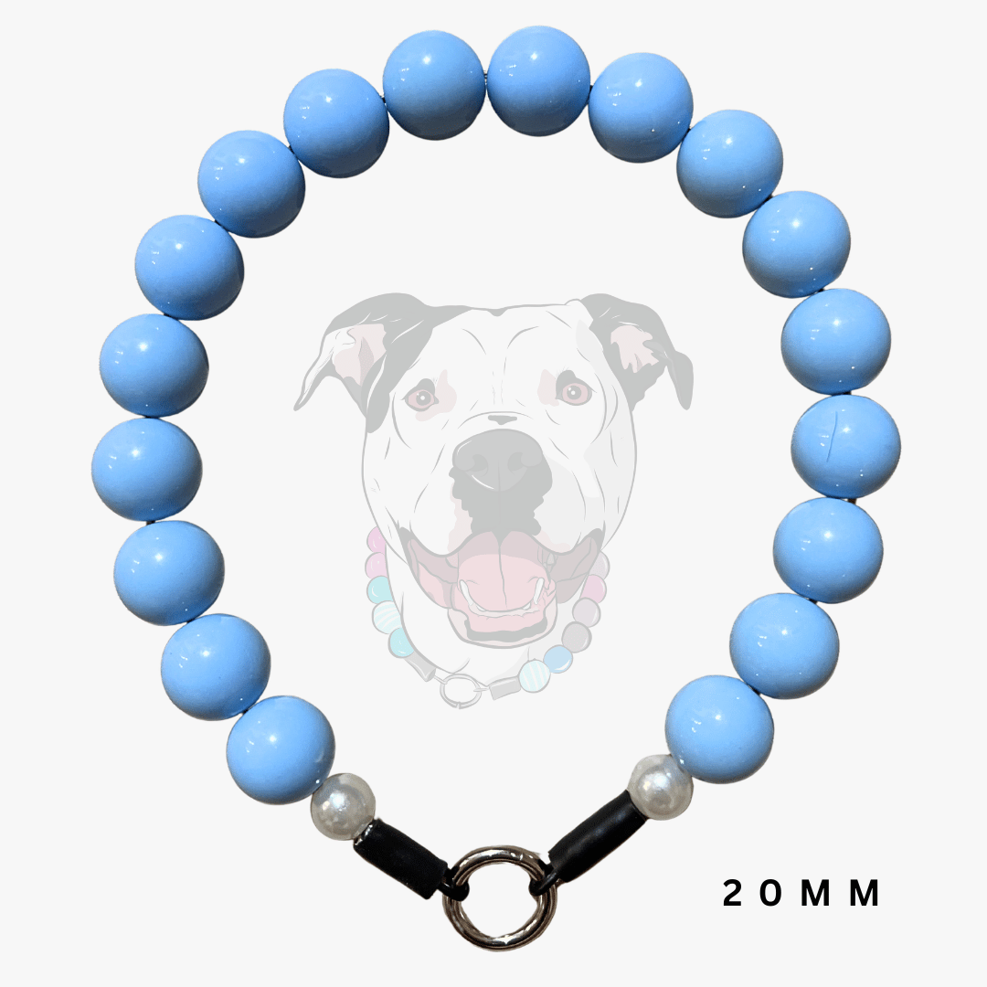 A light blue beaded dog collar with a black and silver clasp, shown against a white background with a faint dog graphic and '20 MM' text.