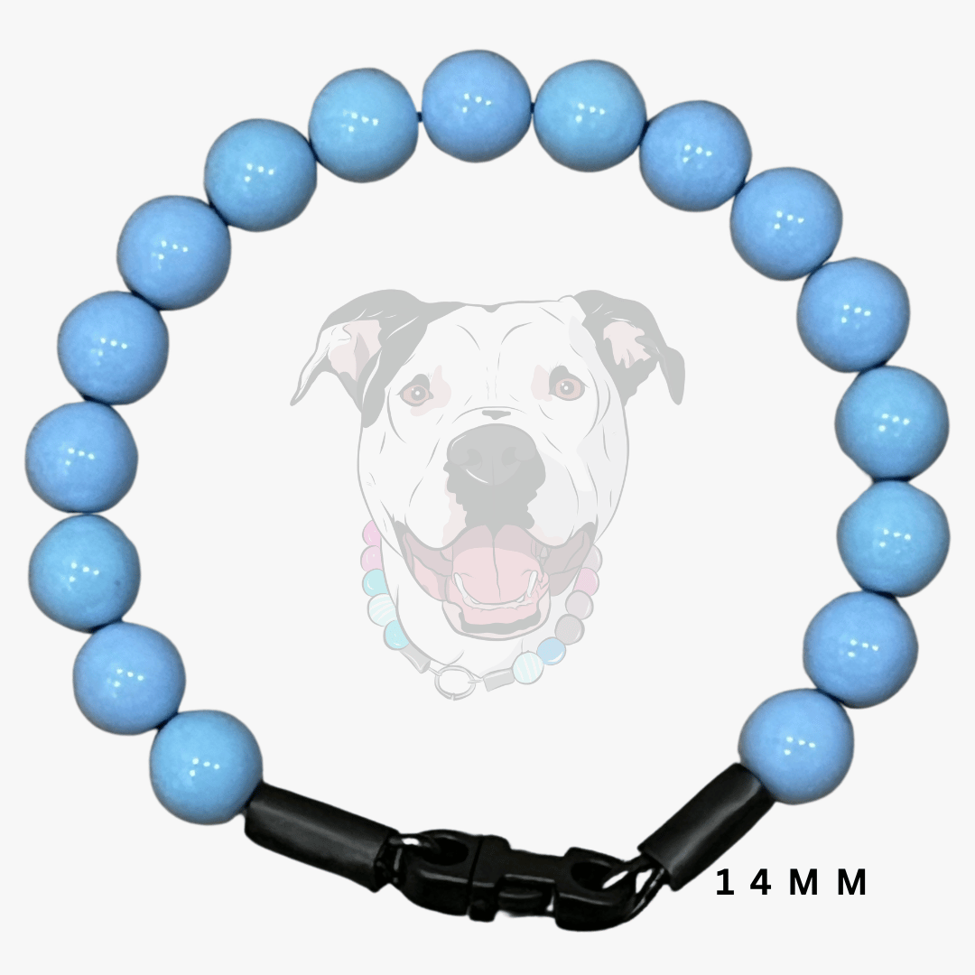 A light blue beaded dog collar with a black plastic clasp, shown against a white background with a faint dog graphic and '14 MM' text overlay.