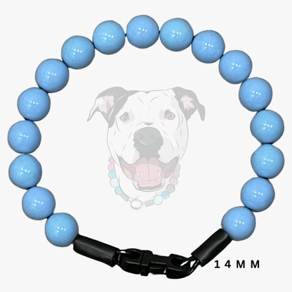 A light blue beaded dog collar with a black plastic clasp, shown against a white background with a faint dog graphic and '14 MM' text overlay.