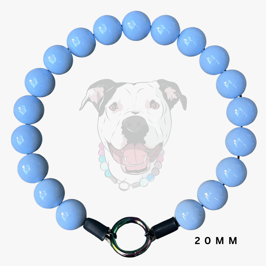 A light blue beaded dog collar with a black metal ring clasp, shown against a white background with a faint dog graphic and '20 MM' text.