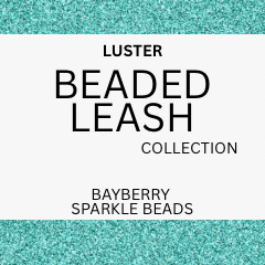 A product label graphic for 'Luster Beaded Leash Collection' featuring 'Bayberry Sparkle Beads'. The design has a white center with black text, bordered by shimmering teal glitter bands at the top and bottom.