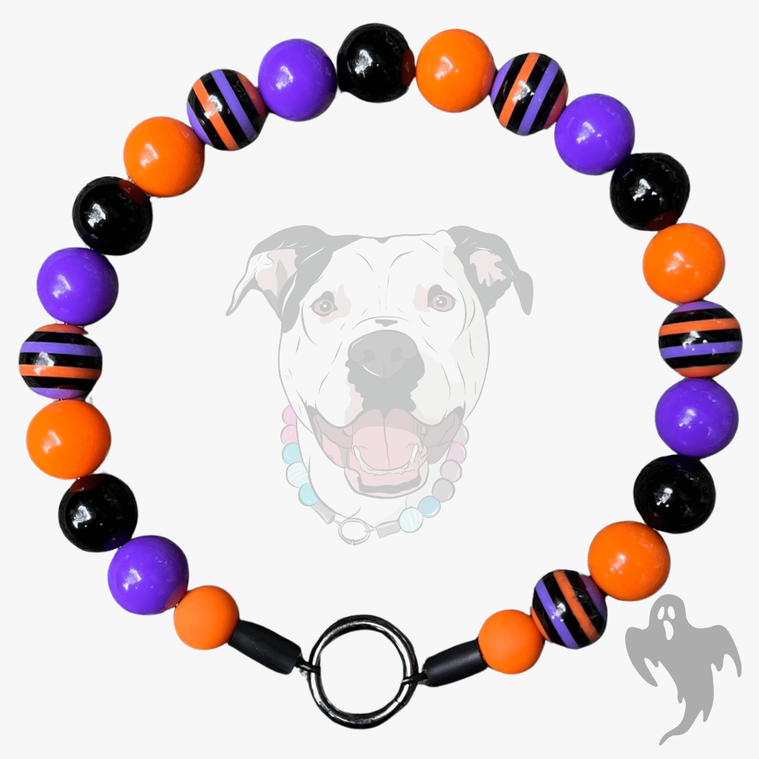 A beaded dog collar with orange, purple, black, and striped beads, displayed against a light gray background with a faint dog and ghost graphic.