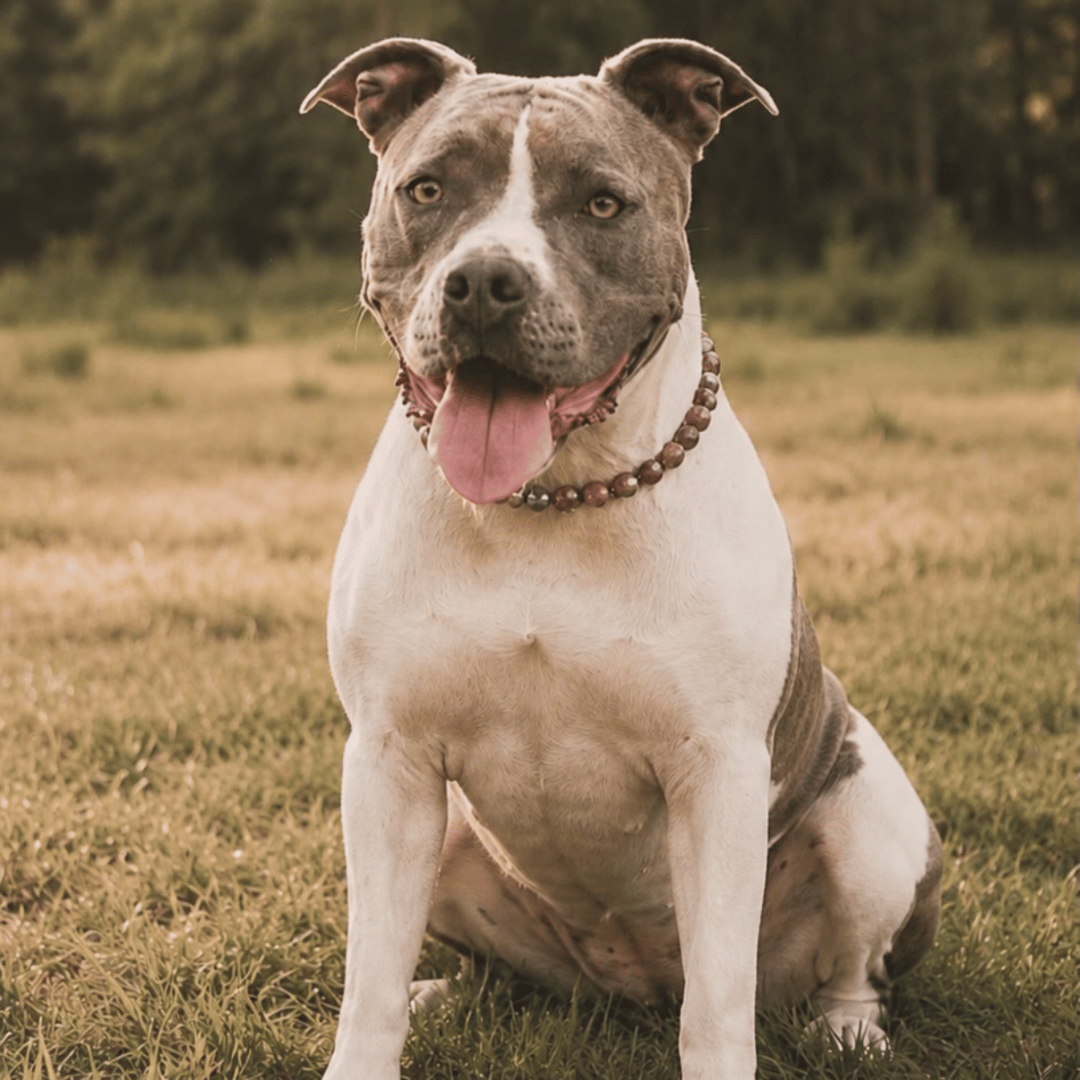 Dog sitting on grass with a blurred natural background wearing a Brown POPNCO Beaded pet Collar named Ned