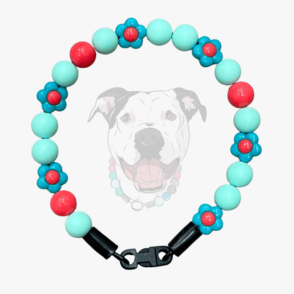 Odelia 14mm light teal green and bright pink flower beaded dog collar from the Botanical Collection handcrafted in BC by POPNCO