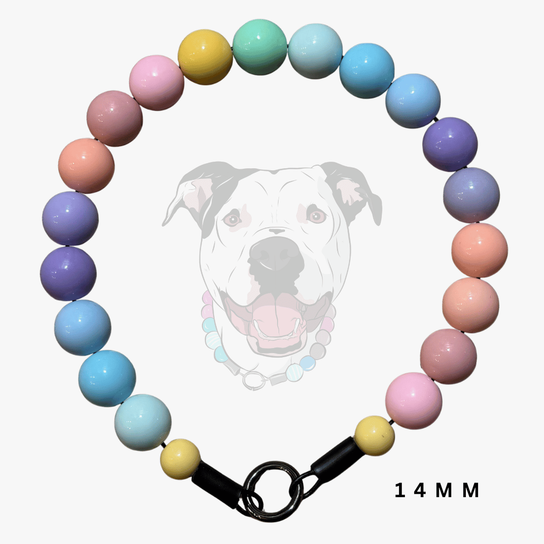 A pastel beaded dog collar with a black clasp, featuring beads in pink, purple, light blue, yellow, mint green, peach, and light blue, arranged in a circle on a white background with a faint dog graphic and '14 MM' text.