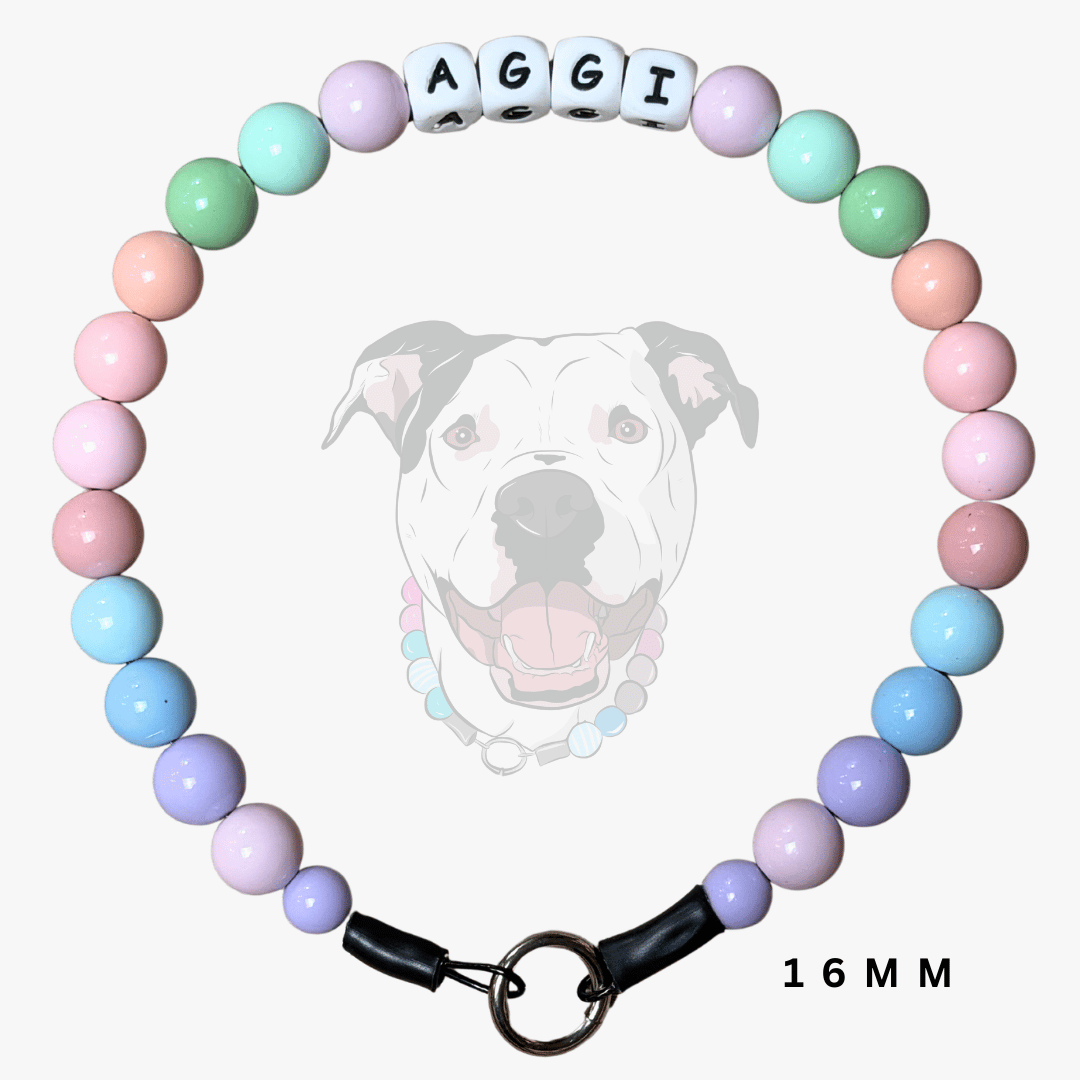 A pastel beaded dog collar with letter beads spelling 'AGGI' and a black clasp, shown on a light gray background with a faint dog illustration and '16MM' text.