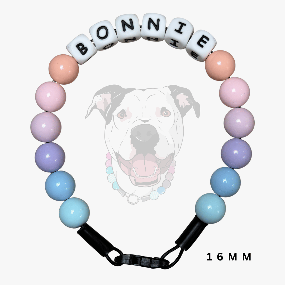 A beaded dog collar with white letter beads spelling 'BONNIE' and pastel round beads in pink, purple, blue, and peach, shown on a light gray background with a faint dog illustration and '16MM' text.