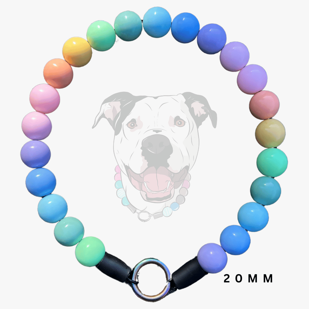 A beaded dog collar with 20mm round beads in a pastel rainbow gradient, featuring black adjustable plastic buckles and a silver metal ring clasp. A faint graphic of a dog's face is visible in the background.