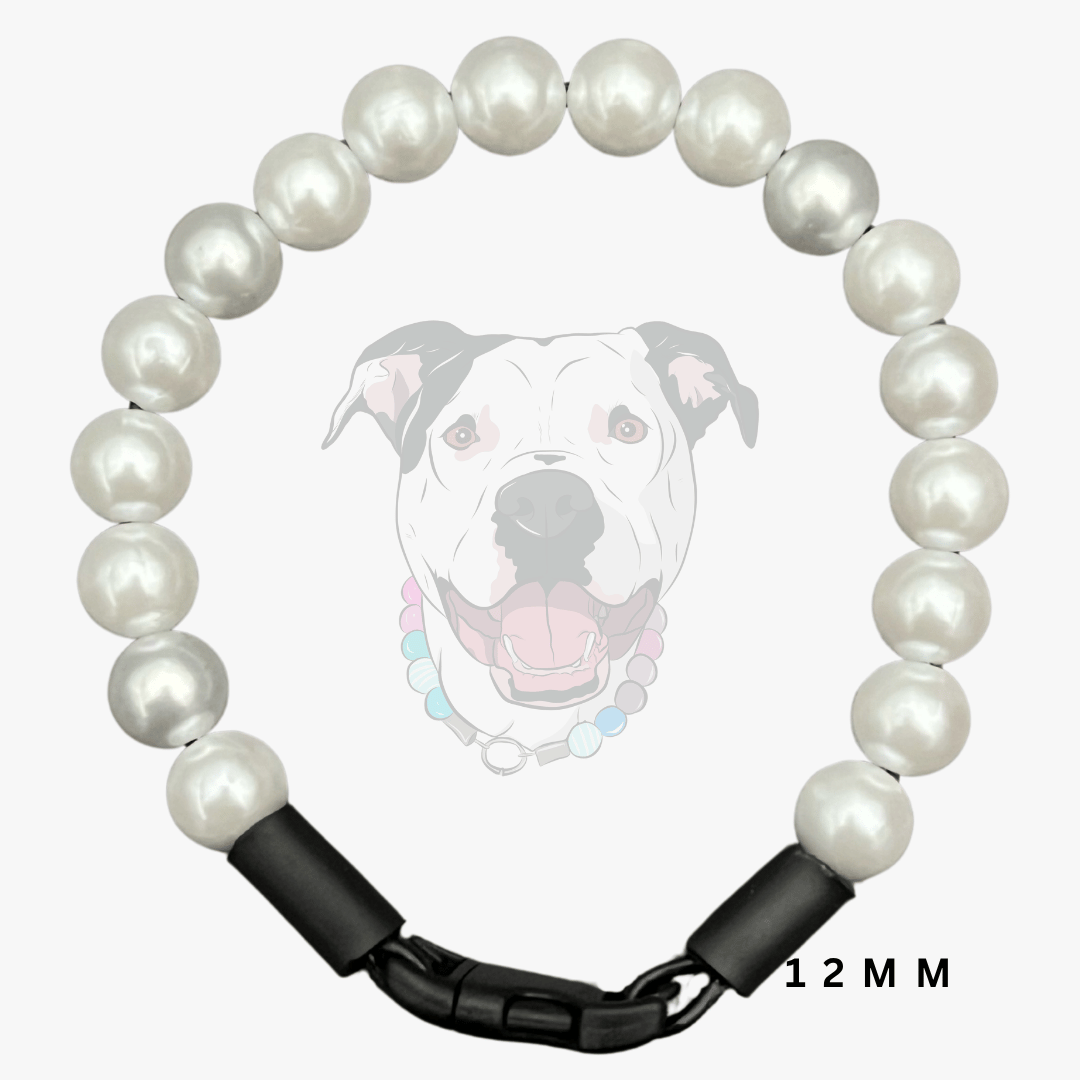 A 12mm pearl collar with a black metal clasp, shown against a light gray background with a faint dog graphic and '12 MM' text overlay.