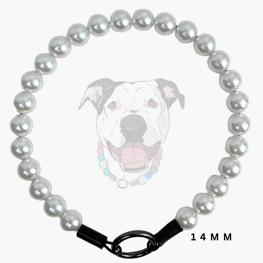 A 14mm pearl collar necklace with a black metal clasp, displayed against a light gray background with a faint dog graphic and '14 MM' text overlay.