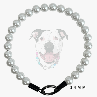 A 14mm pearl collar necklace with a black metal clasp, displayed against a light gray background with a faint dog graphic and '14 MM' text overlay.