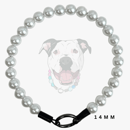 A 14mm pearl collar necklace with a black metal clasp, displayed against a light gray background with a faint dog graphic and '14 MM' text overlay.