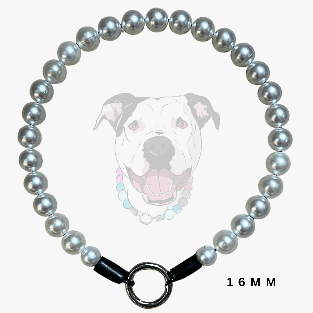 A 16mm pearl dog collar arranged in a circle on a light gray background, featuring a white pitbull-style dog graphic in the center and a black clasp with a metal ring.