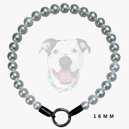 A 16mm pearl dog collar arranged in a circle on a light gray background, featuring a white pitbull-style dog graphic in the center and a black clasp with a metal ring.