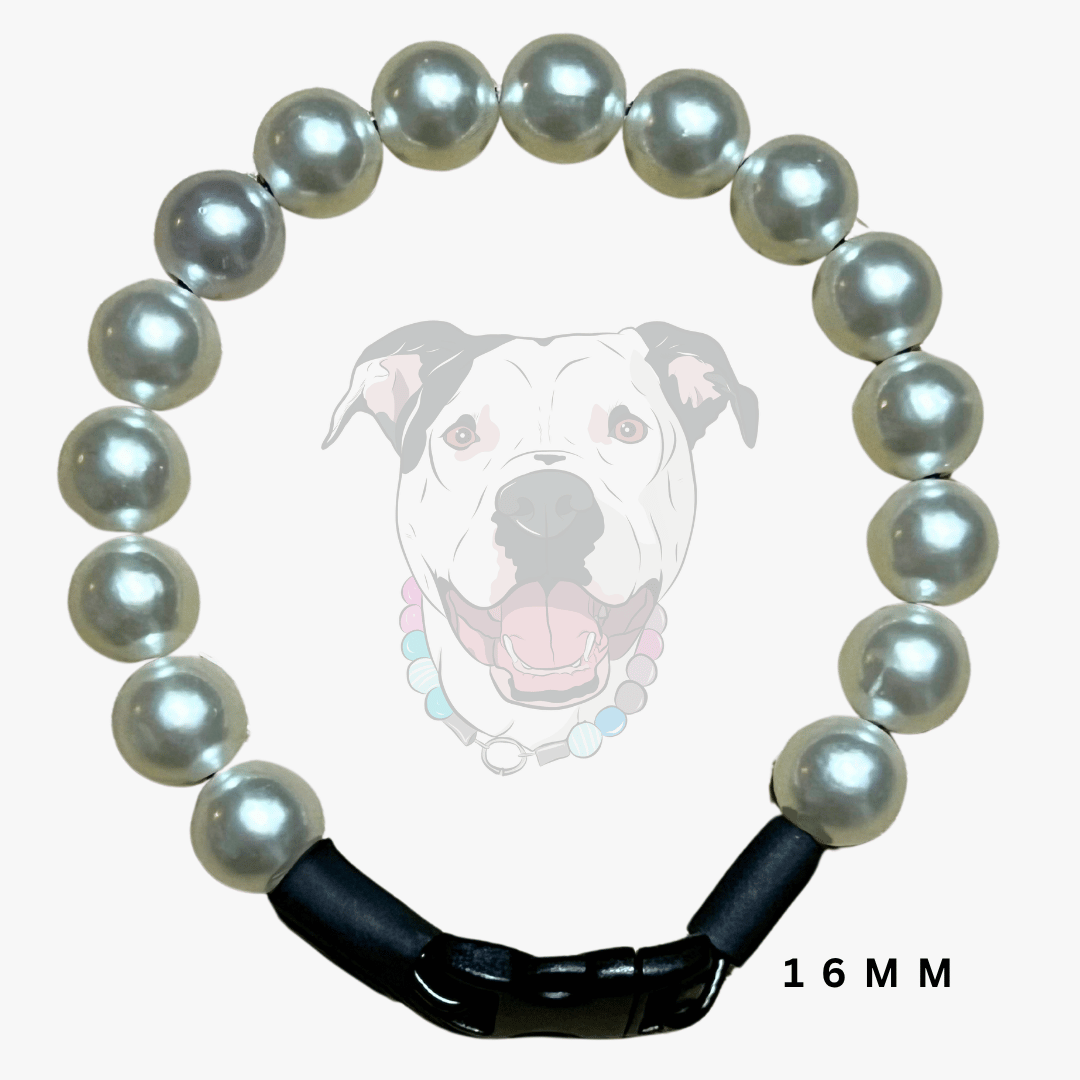 A dog collar made of 16mm round gray pearls and a black plastic buckle, shown against a white background with a faint dog graphic and '16MM' text.