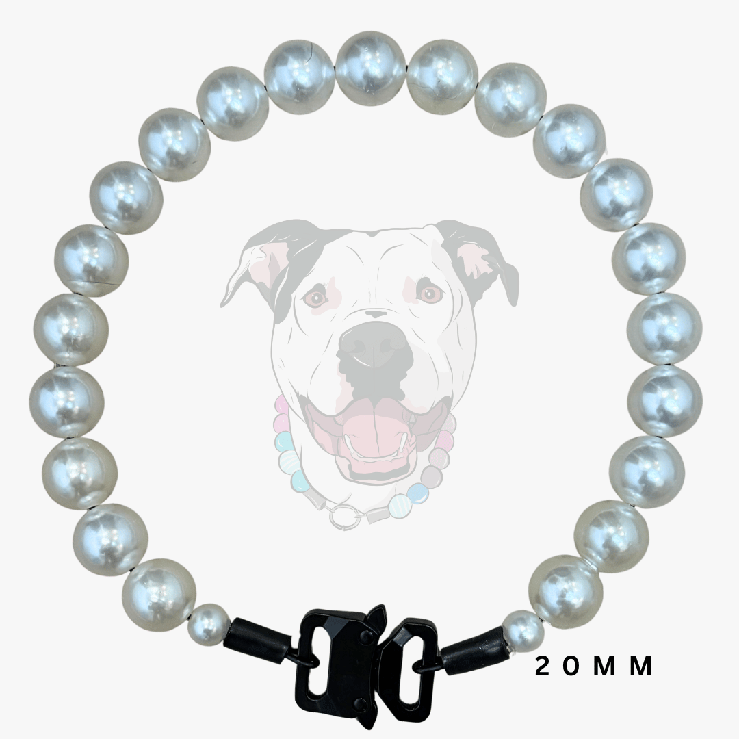 A dog collar made of 20mm round white faux-pearl beads with a black metal clasp, shown against a light gray background with a faint graphic of a dog wearing the collar.