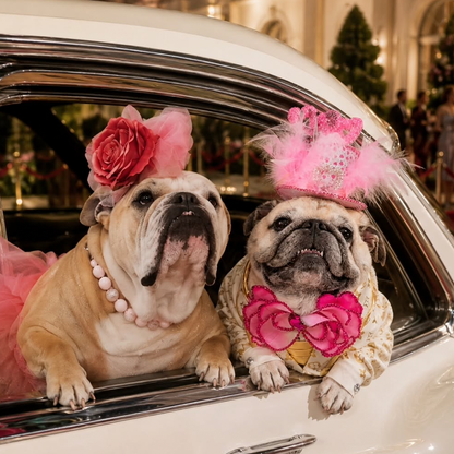 A social media post showing two bulldogs wearing pink floral headbands and pearl necklaces sitting in the front of a white car, with a crowd and holiday lights in the background.