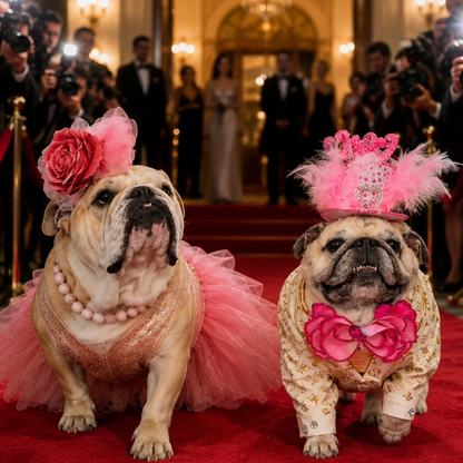 Two small dogs wearing pink outfits and pink hats, standing on a red carpet in a crowded indoor event space with cameras and people visible in the background. This is a social-media-style photo rather than a clean product shot.