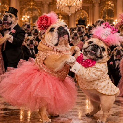 A social media post screenshot showing a ballroom dance scene with bulldogs in pink and cream tutus, with an Instagram interface overlay around the photo.