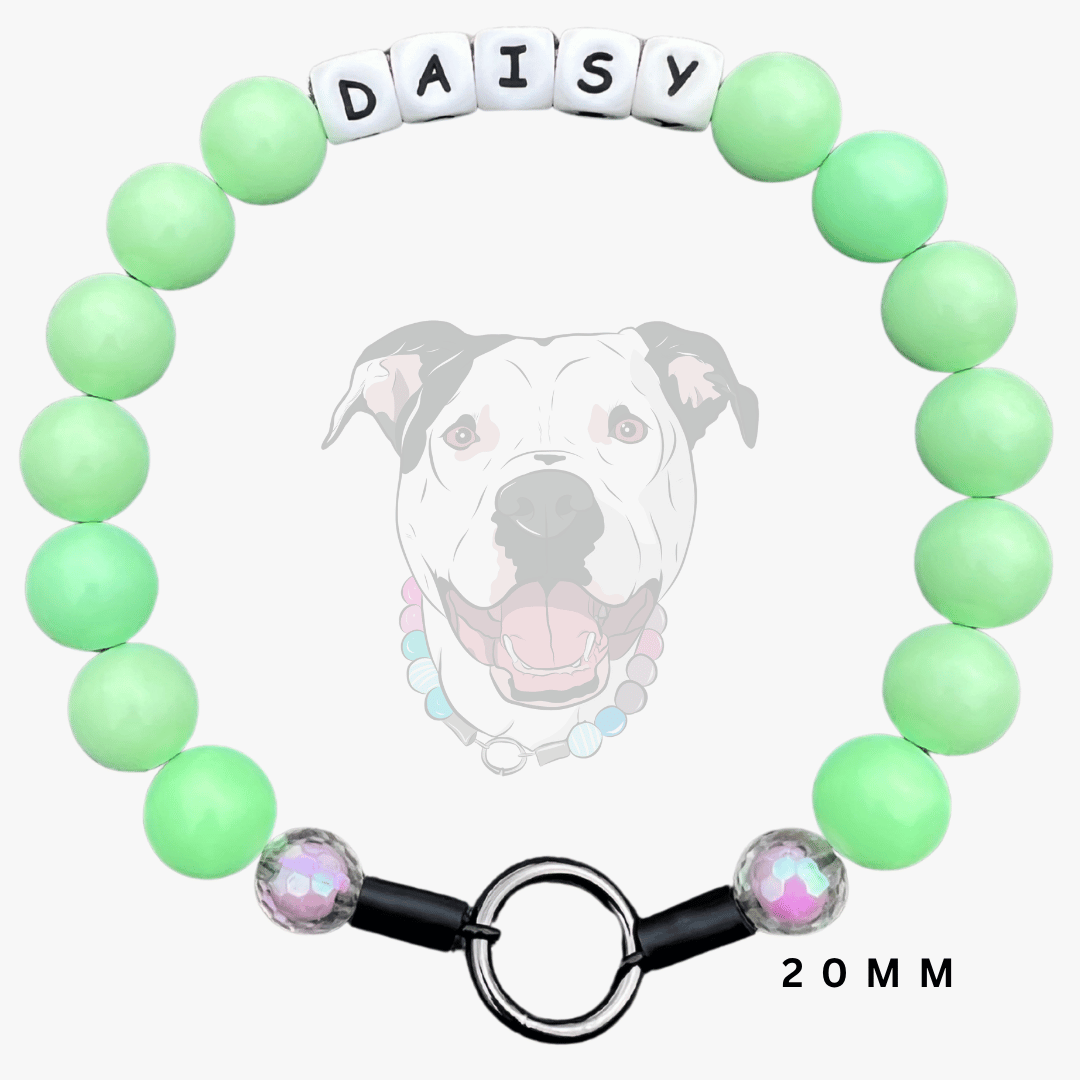 A dog collar beaded bracelet with light green round beads, white letter beads spelling 'DAISY', and two iridescent crystal-like accent beads on a black ring clasp. A faint dog face graphic appears behind the product, and '20MM' is printed at the bottom right.