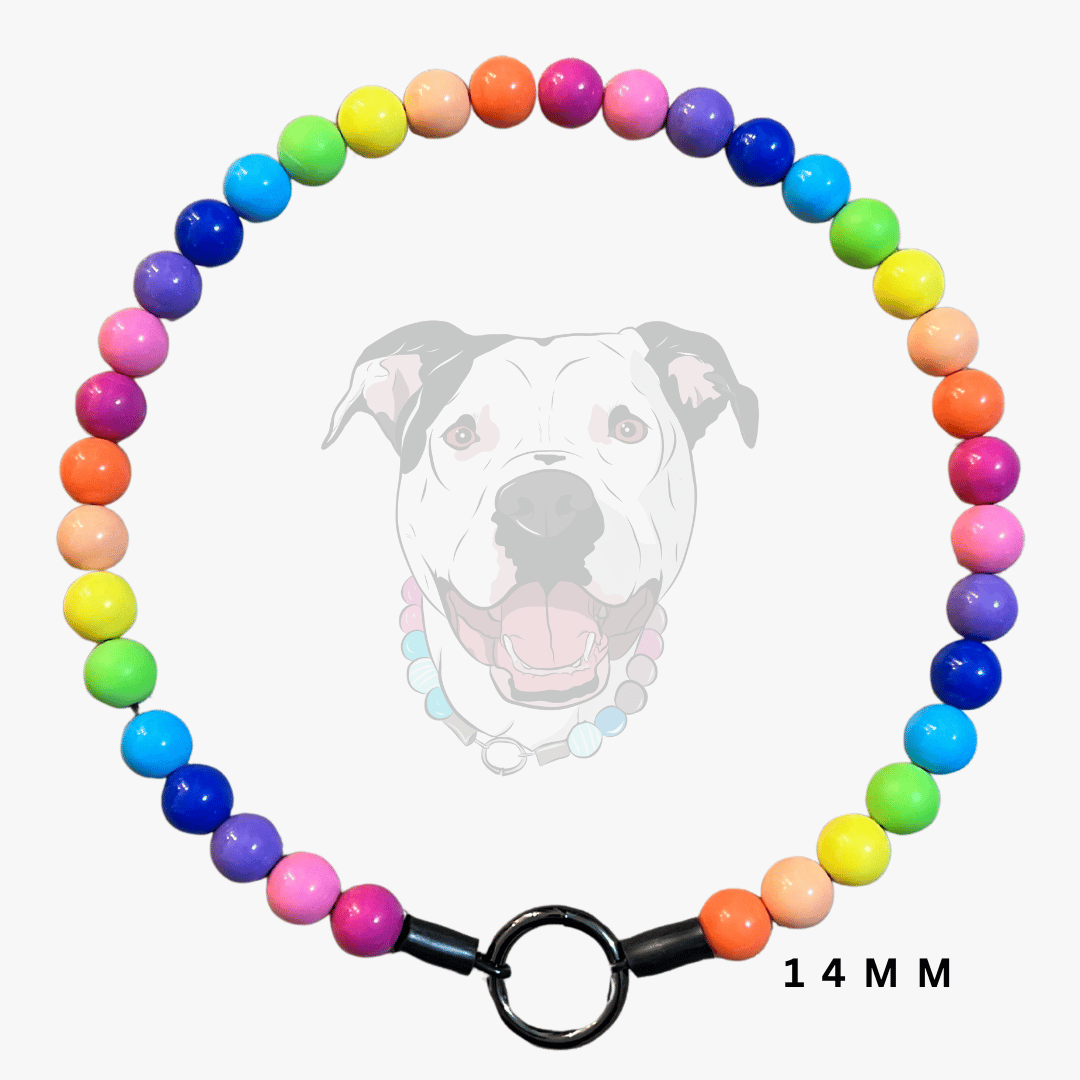 A rainbow beaded collar with glossy round beads in a repeating color sequence, featuring a black metal ring clasp. A faint dog graphic is visible in the background, and '14 MM' text appears near the clasp.