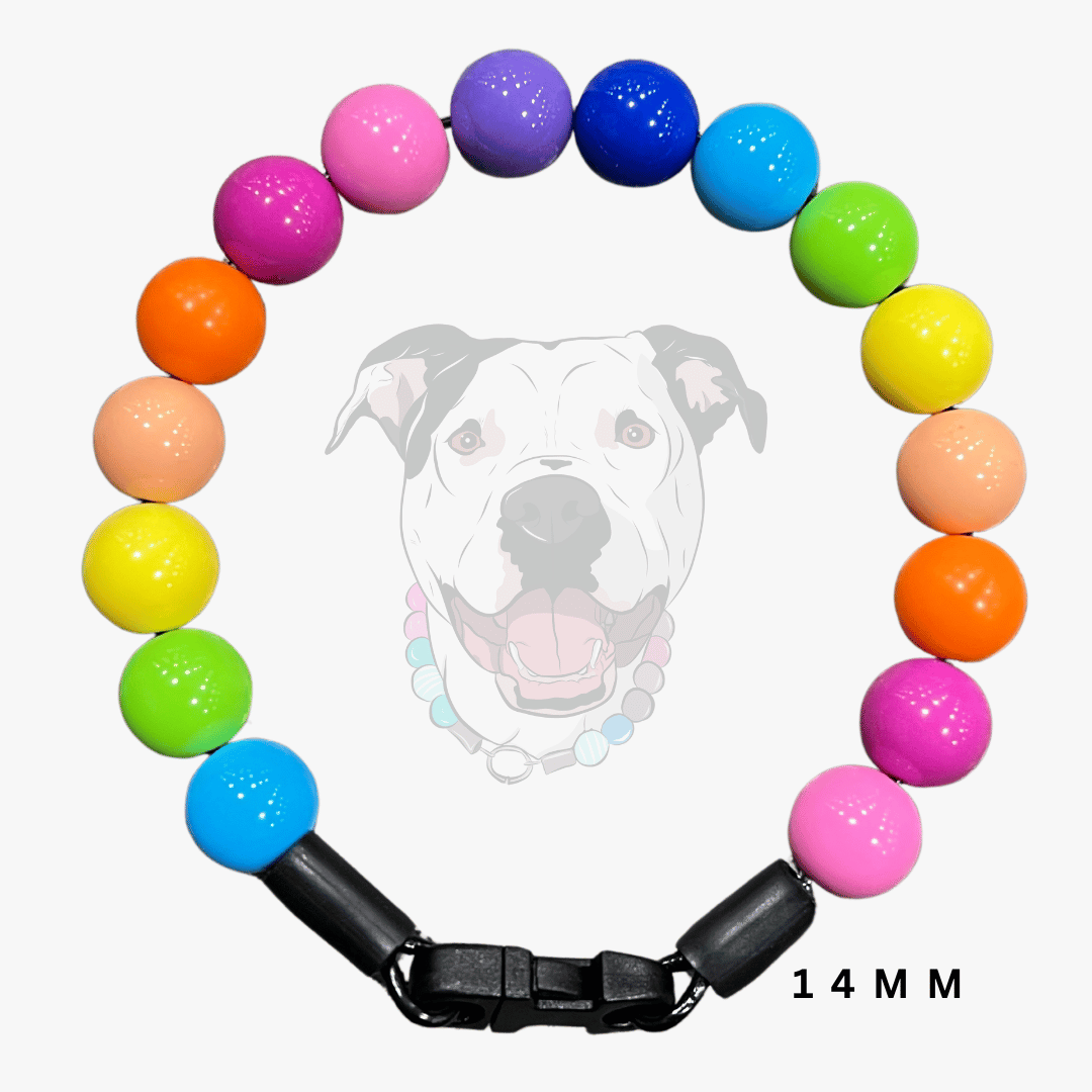 A beaded dog collar with 14mm glossy rainbow-colored beads and a black plastic buckle, shown against a light gray background with a faint dog graphic and '14 MM' text.