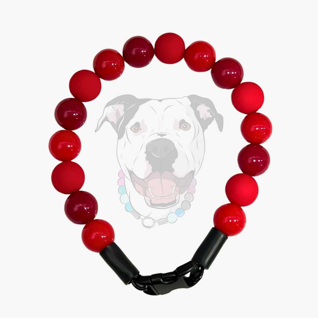 Custom beaded pet collar Scarlet made with alternating light and dark red acrylic 16mm beads. 