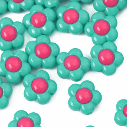 Close up detail of Odelia 14mm teal pink and acrylic flowers by POPNCO handcrafted in BC Canada