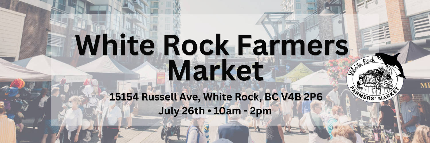 Promotional graphic for the White Rock Farmers Market with a faded background photo of the outdoor market scene, large black text reading 'White Rock Farmers Market,' event address and time details, and a circular White Rock Farmers Market logo on the right.