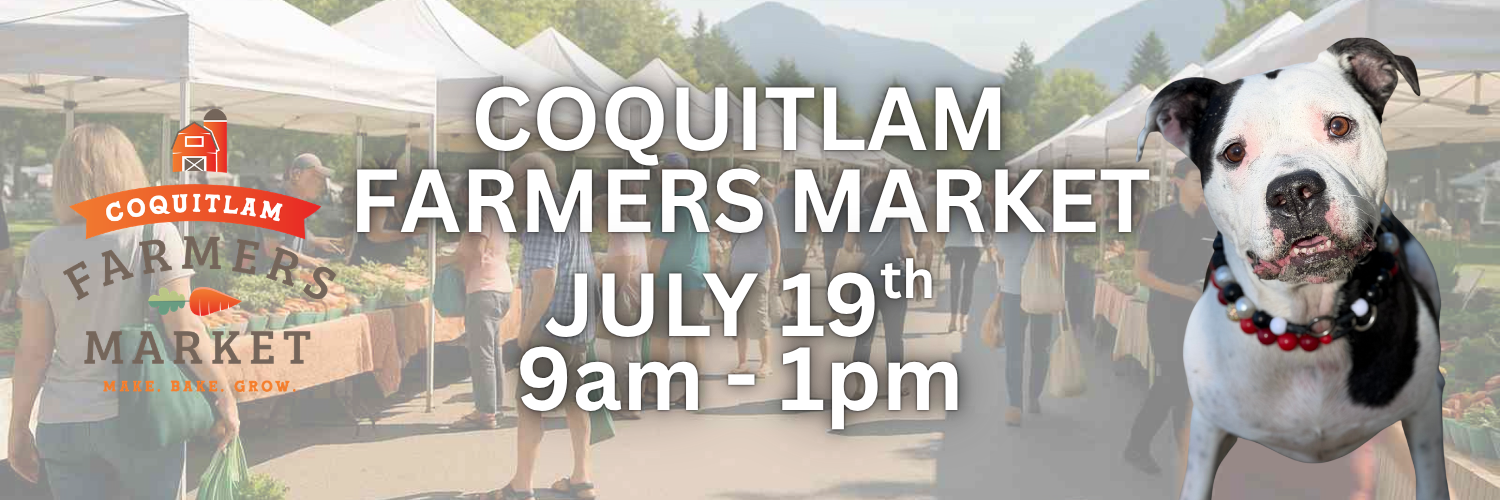 Promotional banner for the Coquitlam Farmers Market on July 19th from 9am - 1pm, featuring a white and black dog on the right and a faded market scene on the left with event text overlaid.