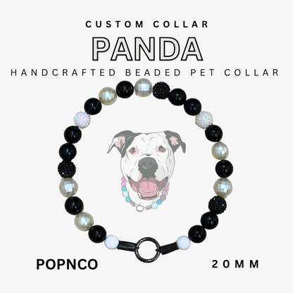 Handcrafted beaded pet collar with panda design and branding on a white background
