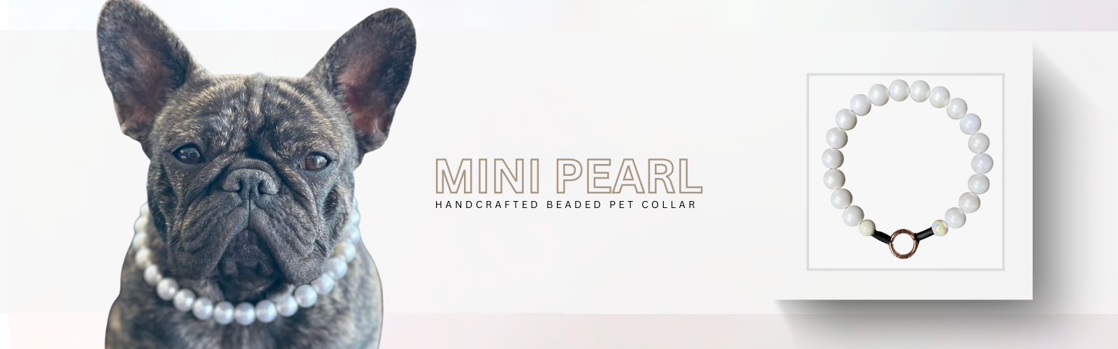 Dog wearing a pearl collar with 'Mini Pearl' product information on a white background