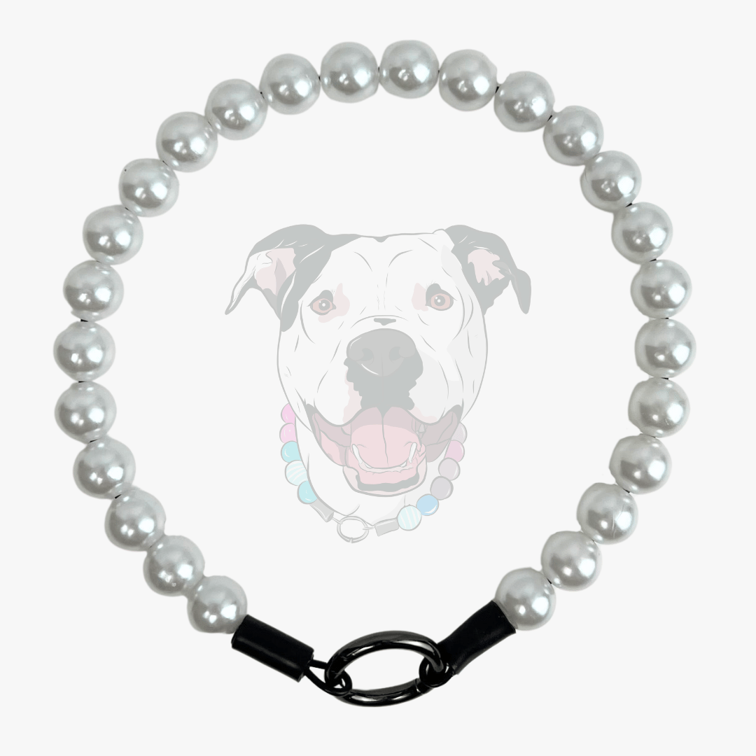 Pearl beaded pet collar with a dog illustration on a white background laying flat from POPNCO 