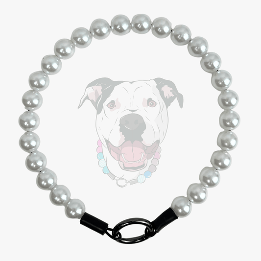 Pearl beaded pet collar with a dog illustration on a white background laying flat from POPNCO 