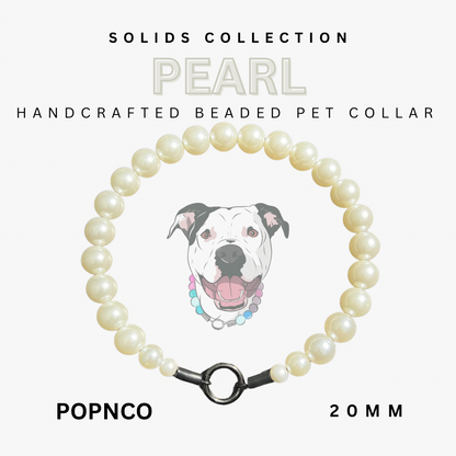 Handcrafted beaded pet collar with a dog illustration on a white background, labeled 'Solid's Collection Pearl'.