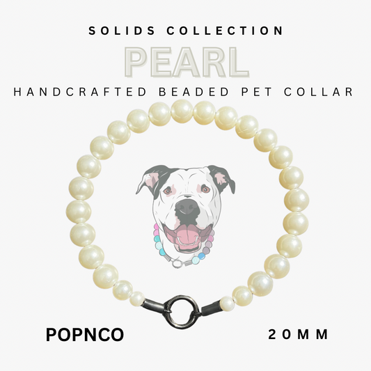 Handcrafted beaded pet collar with a dog illustration on a white background, labeled 'Solid's Collection Pearl'. POPNCO beaded collar, Beaded dog collar, Breathable dog collar, cat collar, Comfortable Dog Collar, dog collar, Durable dog collar, Easy to clean dog collar, fashion collar, pearl collar, pearl necklace, Pet accessories, pet collar, petcollar, pittie pearls, popnco, Popnco dog collar, slip on collar, Slip on dog collar, Stylish dog collar