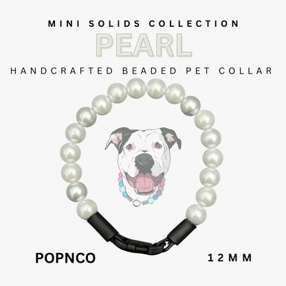 Handcrafted beaded pet collar with pearl beads and a black strap, featuring a dog illustration on a white background.