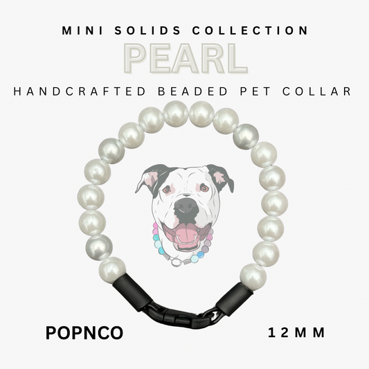 Handcrafted beaded pet collar with pearl beads and a black strap, featuring a dog illustration on a white background.