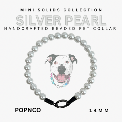 Handcrafted beaded pet collar with a dog illustration on a white background, labeled 'Silver Pearl' from the Mini Solids Collection by POPNCO.