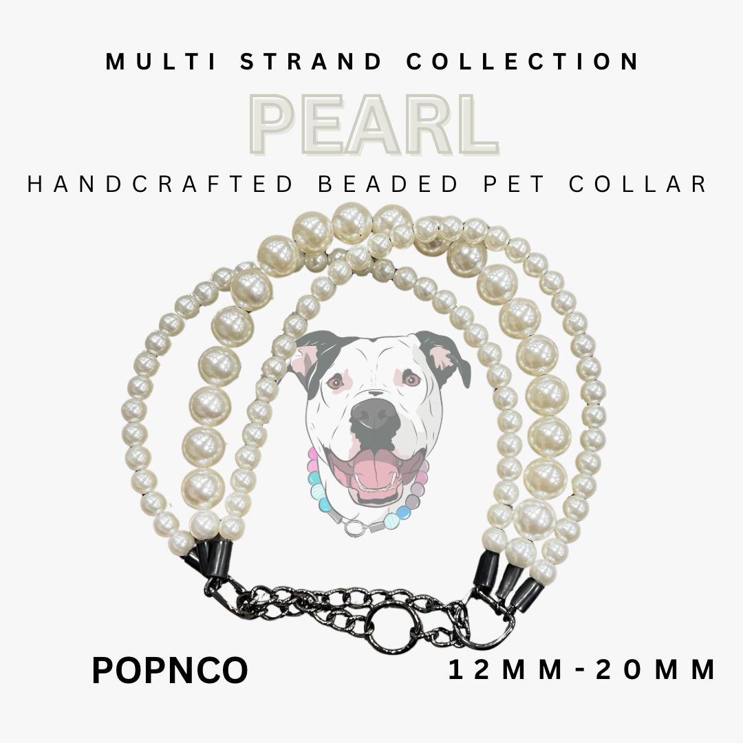 Handcrafted beaded pet collar with pearl design and dog illustration, labeled 'POPNCO' on a white background.