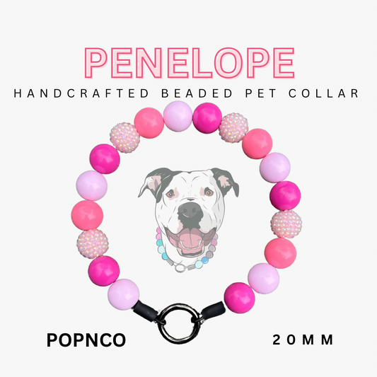 Handcrafted beaded pet collar with pink and purple beads and a dog illustration on a white background.