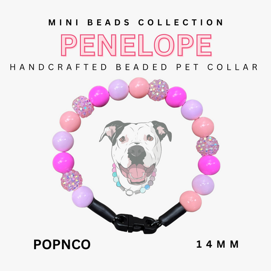 Handcrafted beaded pet collar with pink and purple beads and a dog illustration on a white background.