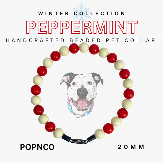 Handcrafted beaded pet collar with red, white, and black beads on a white background, featuring a dog illustration.