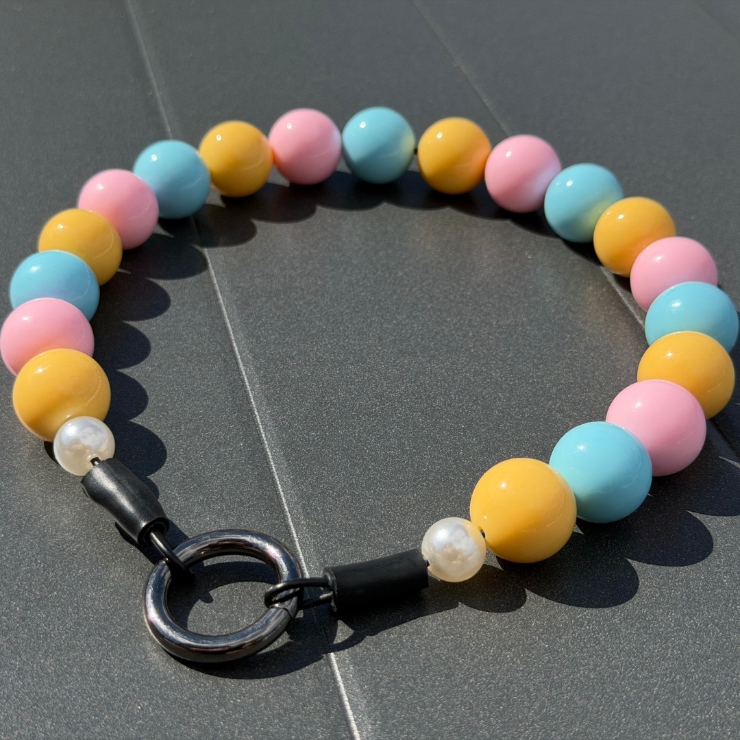 POPNCO Peter Beaded Pet Collar, Pink Yellow and Blue Acrylic and Resin Beads on Aircraft grade Stainless Steel Wire.