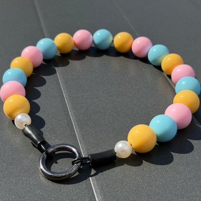 POPNCO Peter Beaded Pet Collar, Pink Yellow and Blue Acrylic and Resin Beads on Aircraft grade Stainless Steel Wire.
