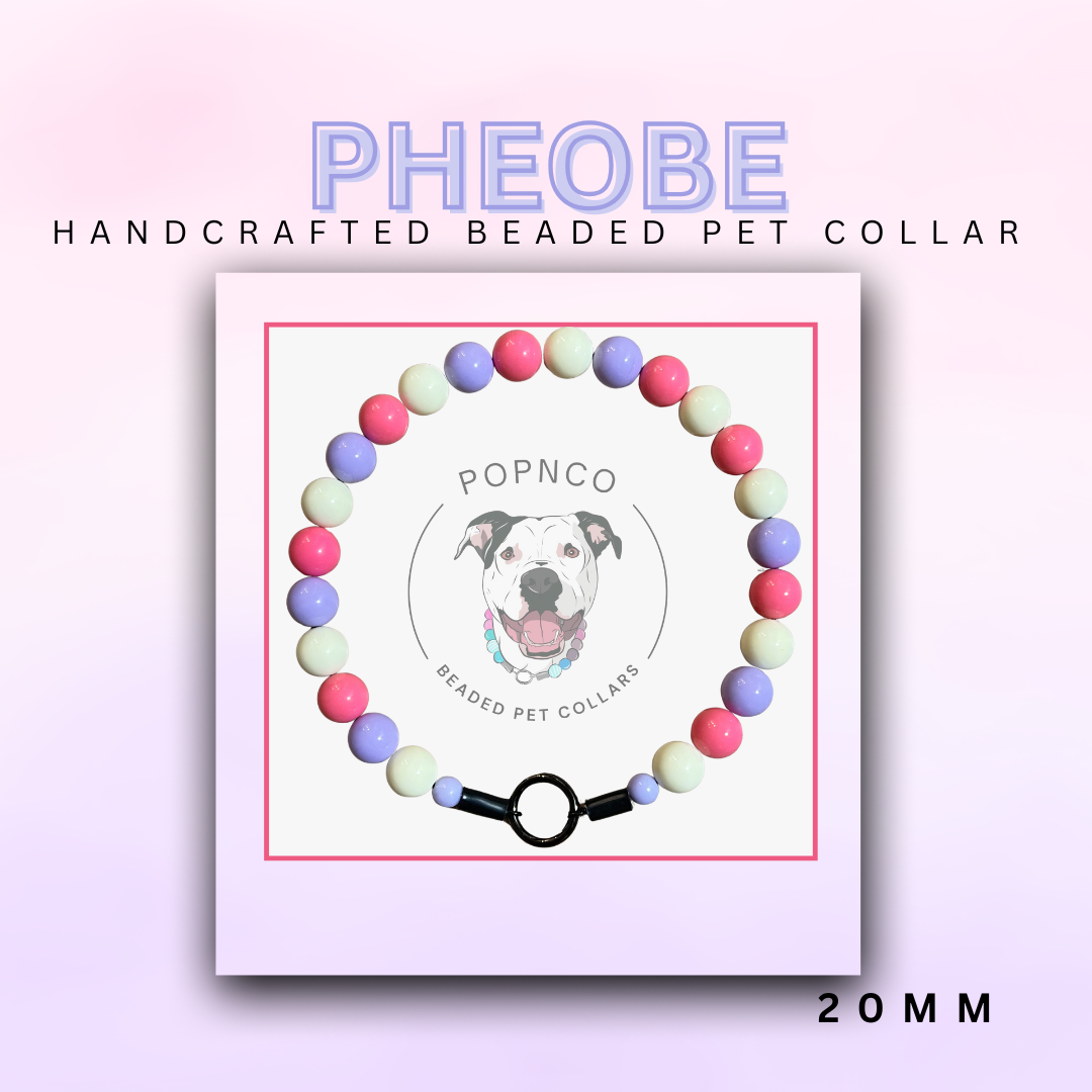 Handcrafted beaded pet collar with colorful beads on a pink background, featuring the brand 'Popnco'.