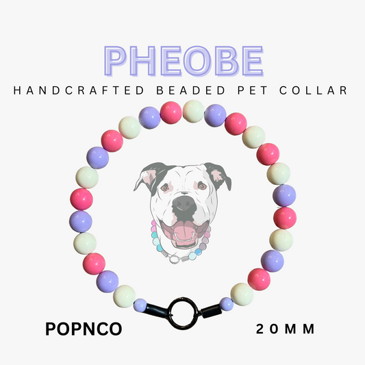 Handcrafted beaded pet collar with colorful beads and a dog illustration on a white background. POPNCO