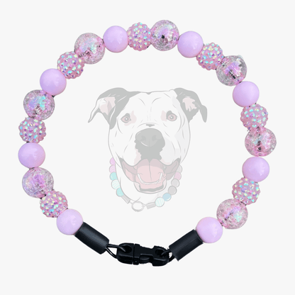 Pink beaded dog collar called Pink Sugar from POPNCO Beaded pet Collars with a black clasp on a white background