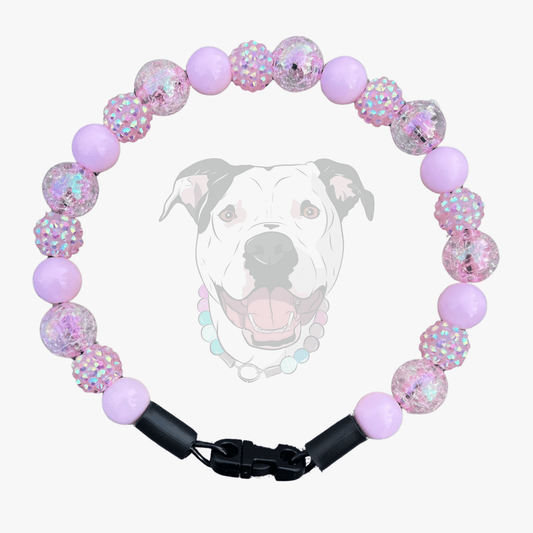 Pink beaded dog collar called Pink Sugar from POPNCO Beaded pet Collars with a black clasp on a white background