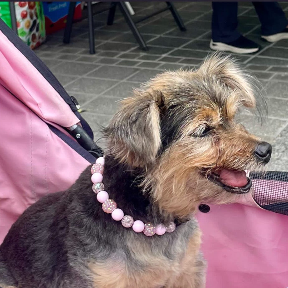 Dog wearing a pink beaded necklace in a pink stroller with text about a handmade necklace from @poppnco.pnp